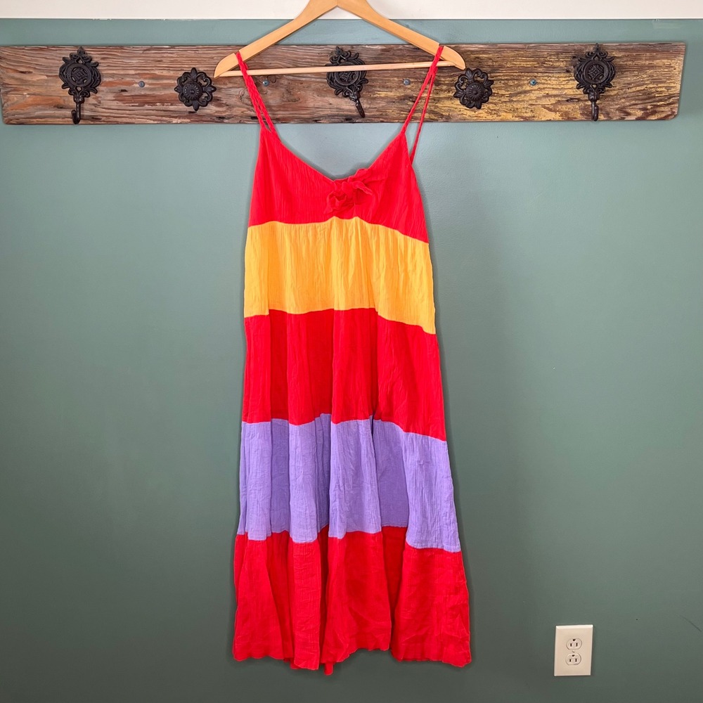 See by Chloe Women Colorblock Cotton Gauze Tiered Midi Dress Red Yellow Purple 8